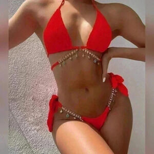 RED JEWELED TYE UP BIKINI SIZE  MED